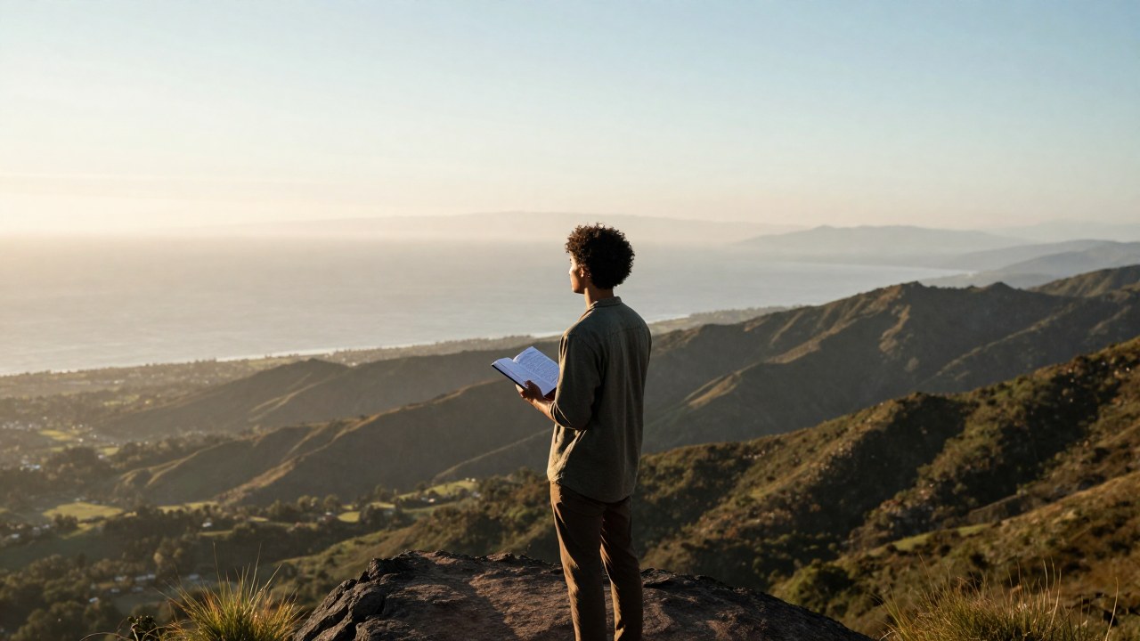 Persona en un punto alto observando un vasto paisaje al amanecer mientras sostiene un diario.