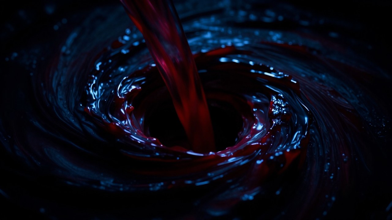 Flujo turbulento de líquidos azul oscuro y rojo intenso simbolizando un profundo cambio emocional.