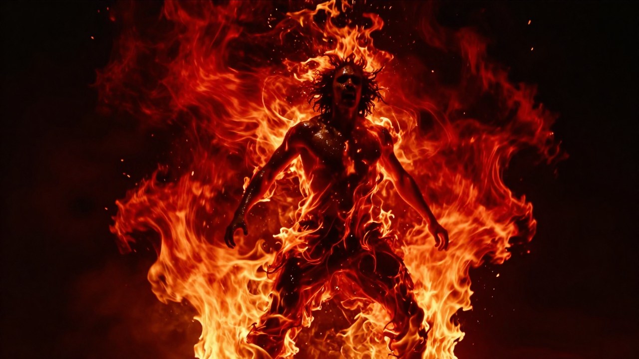 Figura humana dinámica en movimiento, rodeada por plumas intensas de energía ardiente y vital.