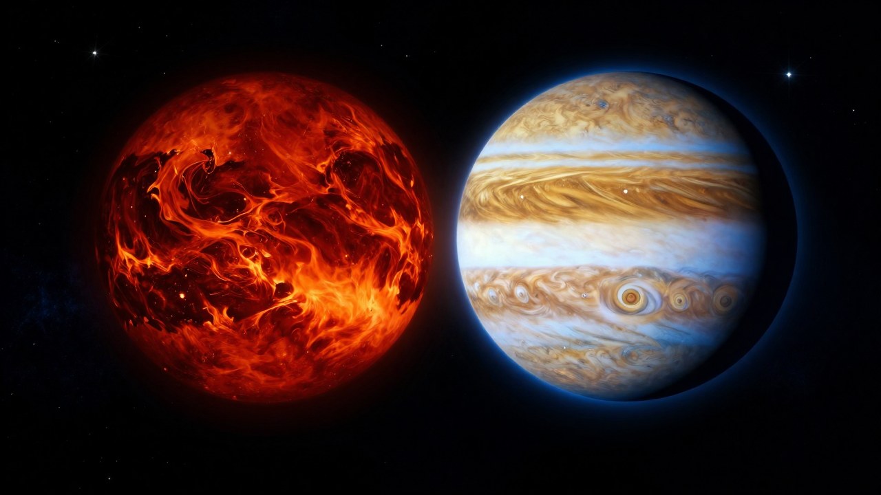 Planeta rojo carmesí yuxtapuesto a un gas gigante luminoso y expansivo en un fondo cósmico.