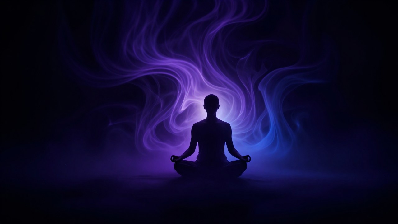 Figura solitaria en meditación inmersa en un espacio oscuro envuelto por corrientes etéreas de luz.