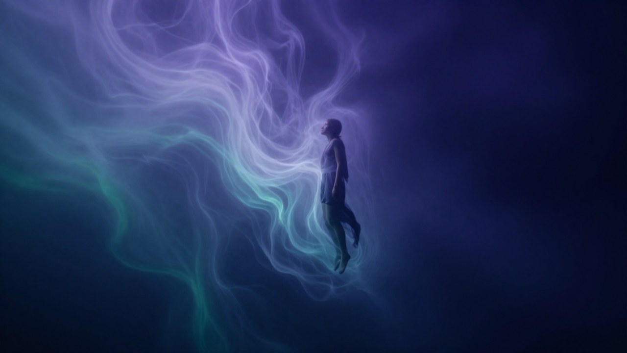 Figura solitaria suspendida en un ambiente nebuloso de fluidos y tonos profundos.