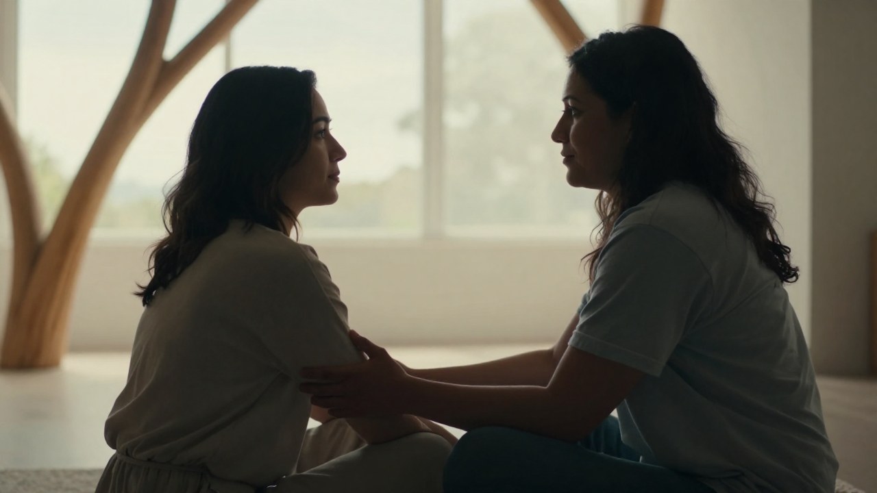 Una pareja diversa en un entorno íntimo comparte un gesto de apoyo que simboliza la sanación de su relación.