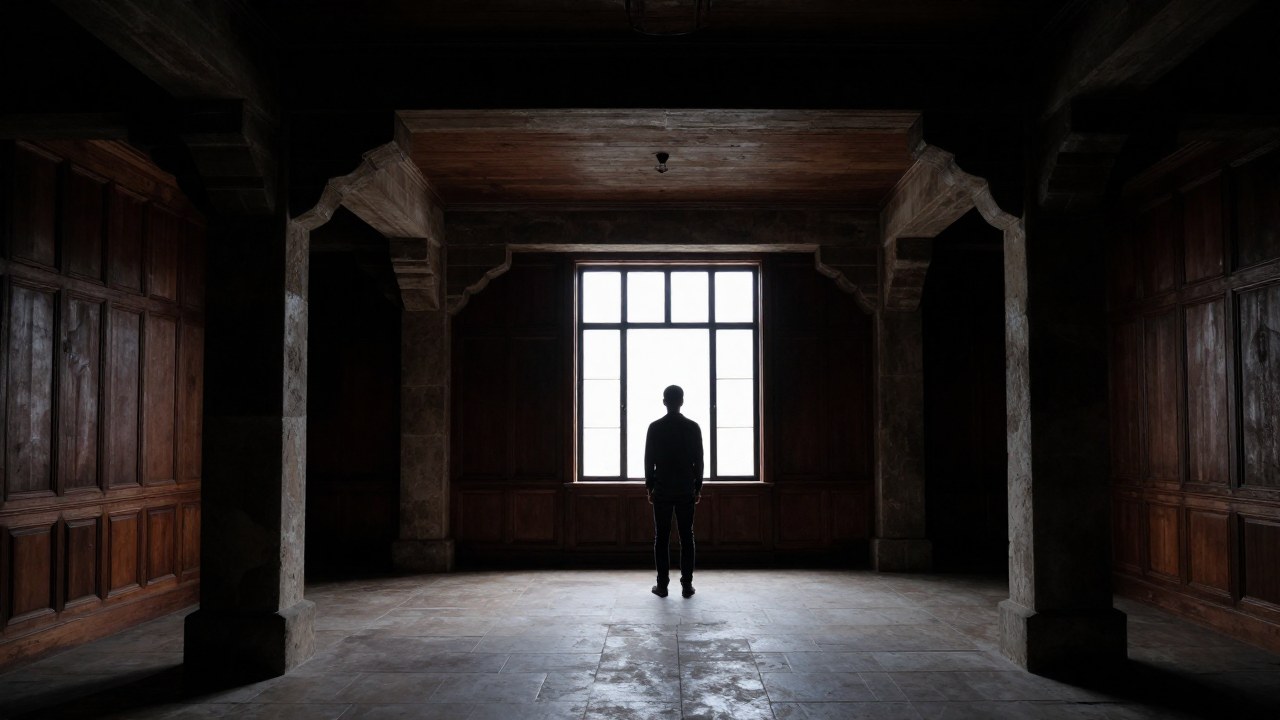 Persona sola en un interior arquitectónico pesado, simbolizando la introspección profunda en un ambiente antiguo.