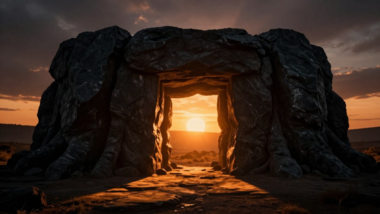 Monumental arco de piedra oscura atravesado por un intenso resplandor dorado que emerge desde el interior.
