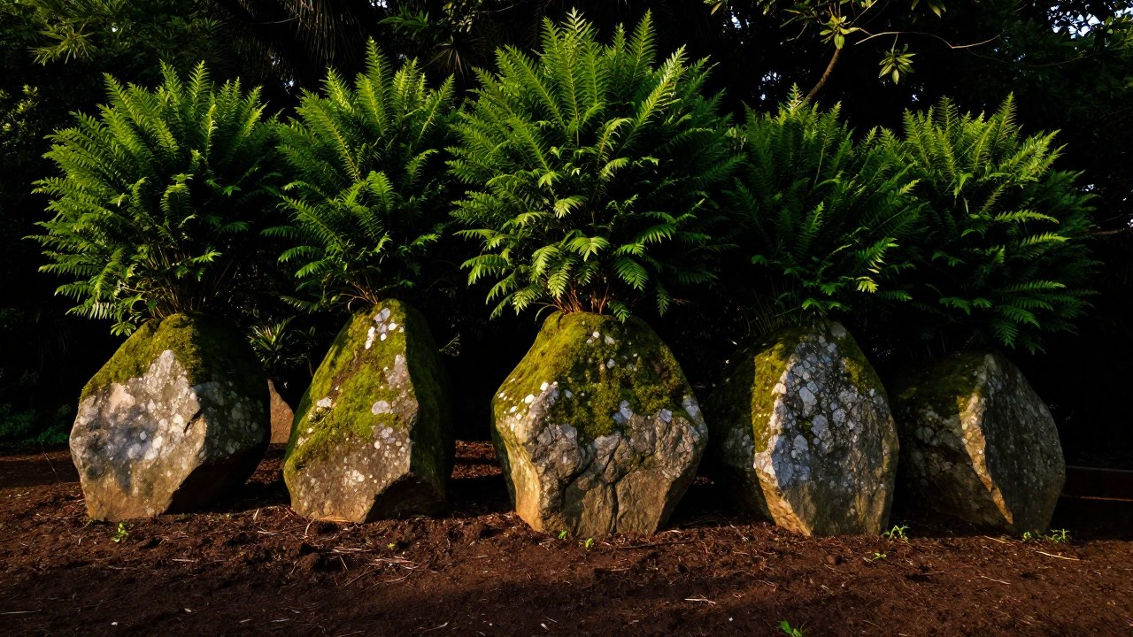 Plantas verdes y musgo crecen alrededor de antiguas piedras y tierra fértil.