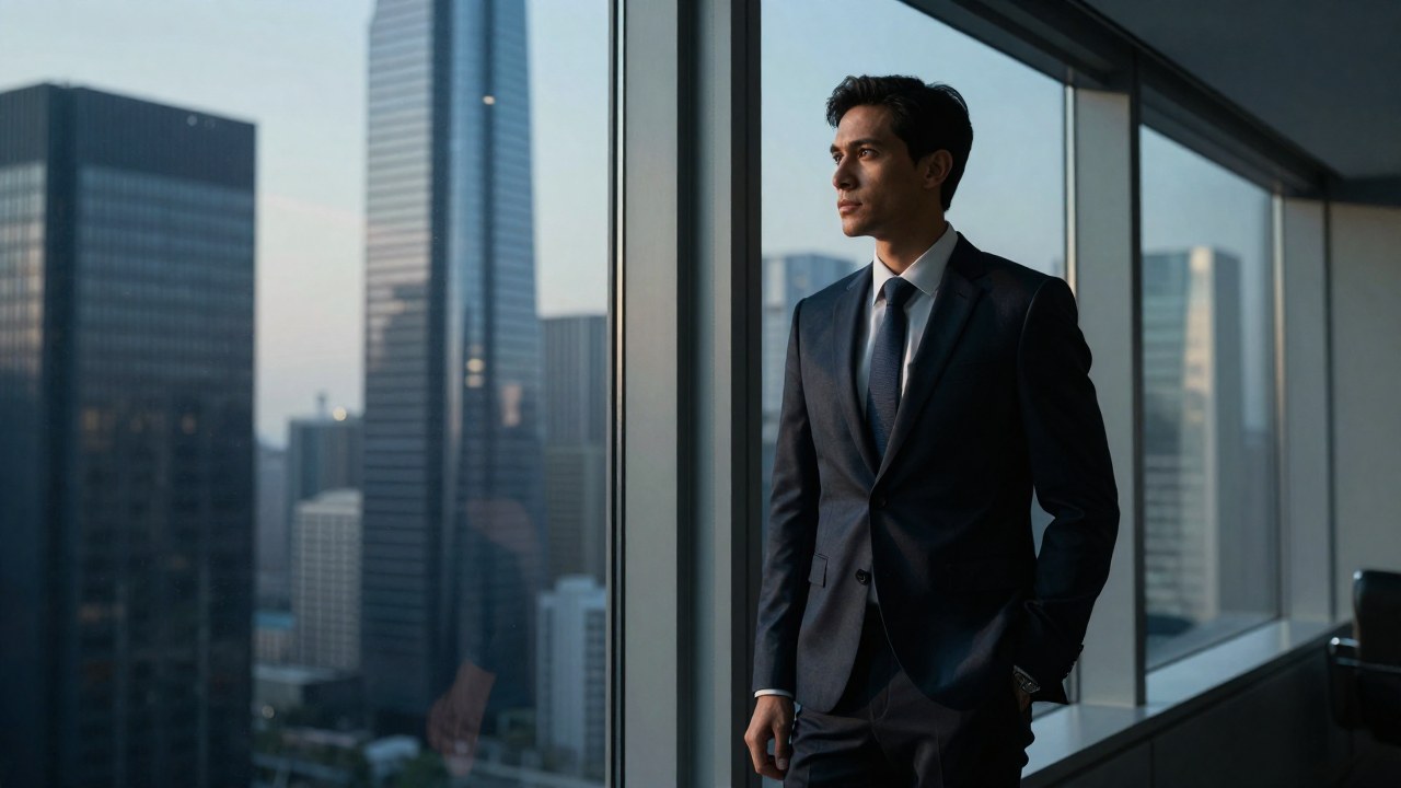 Profesional elegante en oficina de altura con vista al horizonte de una metrópolis sofisticada.