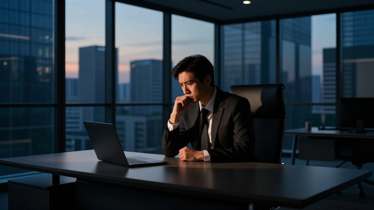 Individuo profesional sentado en escritorio minimalista con vista a una extensa ciudad al atardecer.