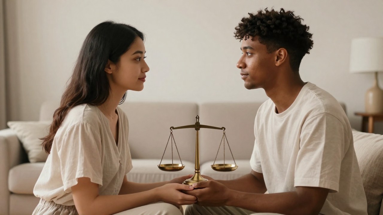 Dos individuos en un interior minimalista, junto a una balanza que simboliza el equilibrio de la relación.