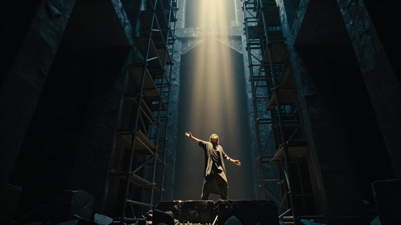Una figura solitaria lucha contra estructuras oscuras, buscando ascender hacia un potente haz de luz.