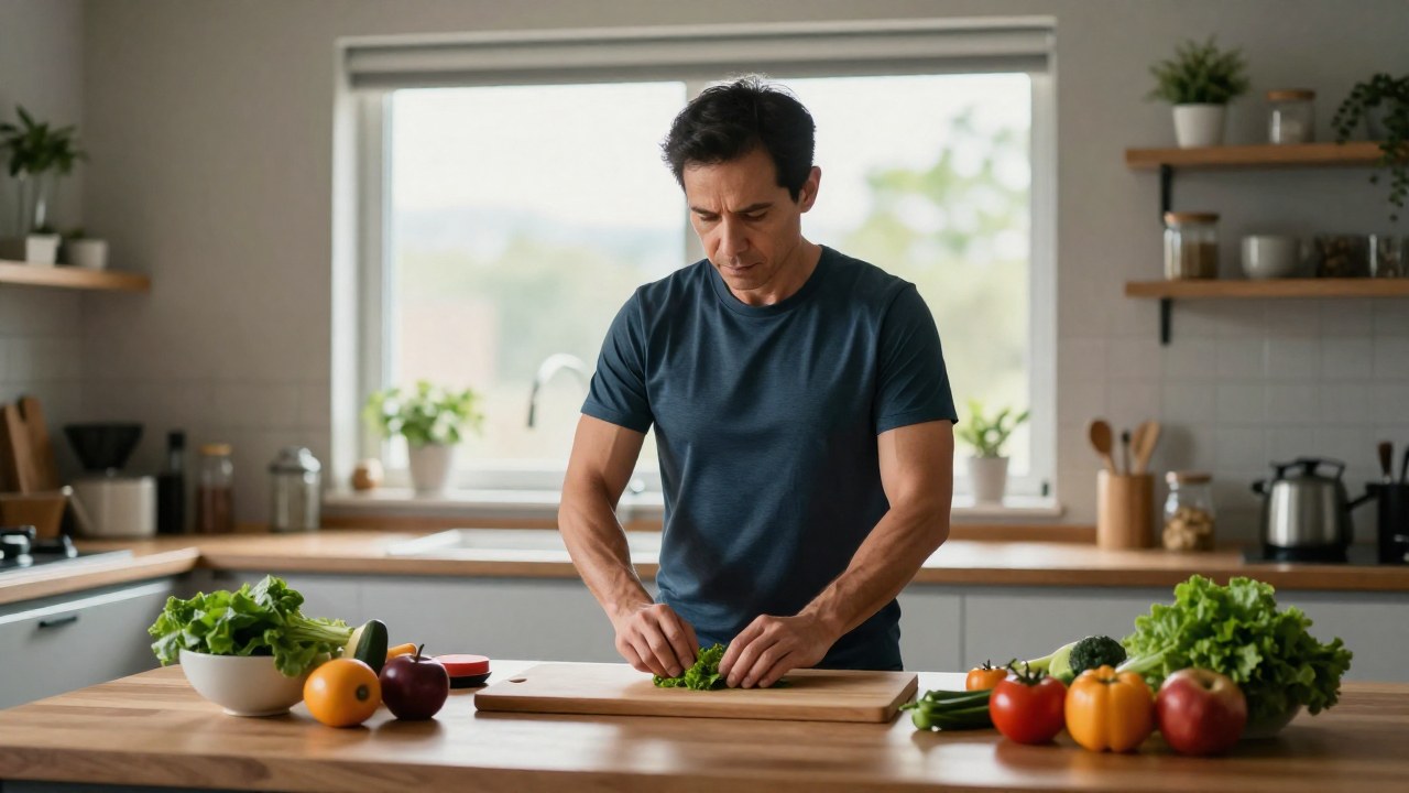 Adulto enfocado en una rutina de salud o preparación de ingredientes en una cocina moderna y organizada.