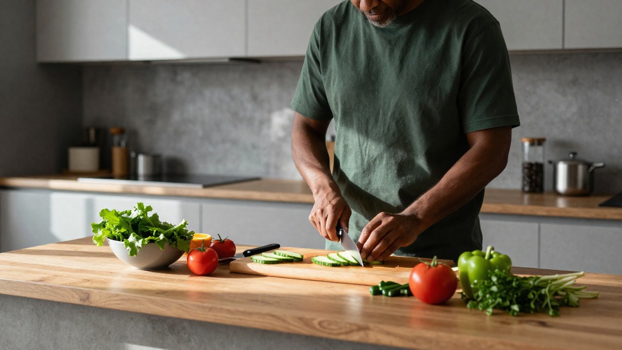 Una persona se enfoca en la preparación meticulosa de una comida en una moderna cocina minimalista.