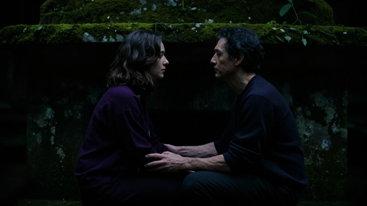 Un encuentro íntimo entre dos adultos en un espacio oscuro que evoca un profundo vínculo y conexión emocional.