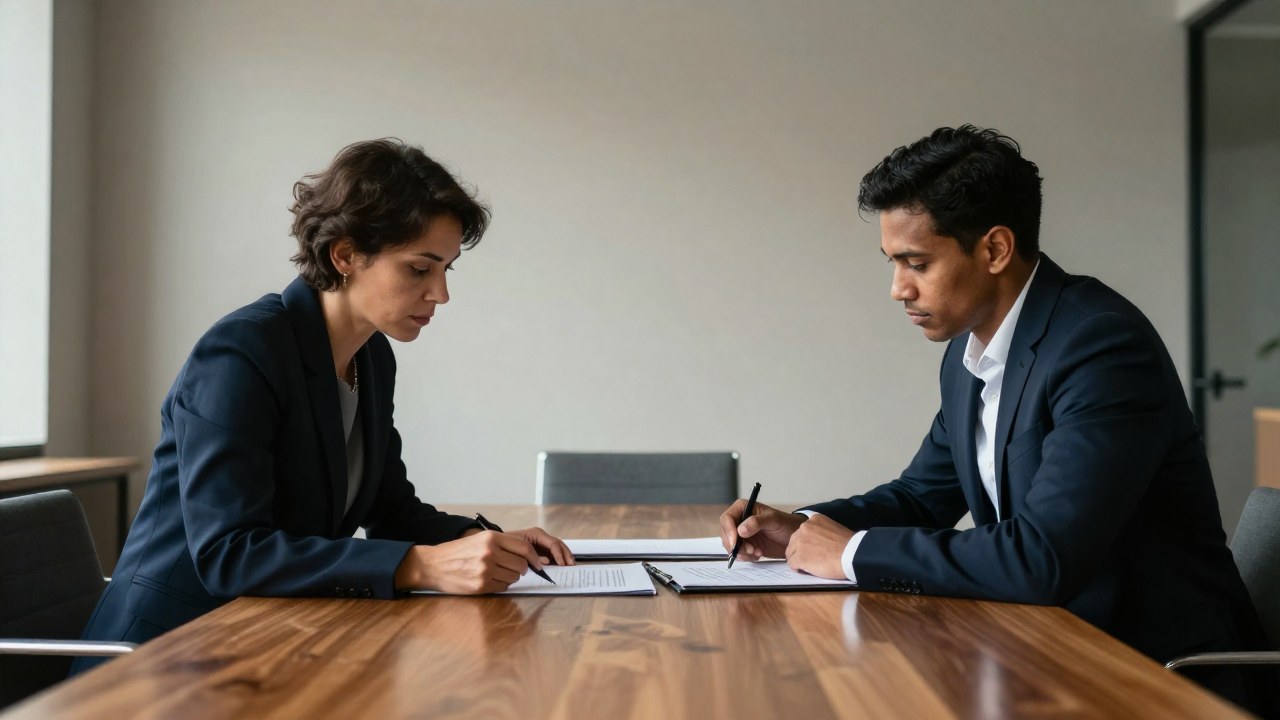 Dos profesionales revisan un documento importante en una sala de reuniones moderna.