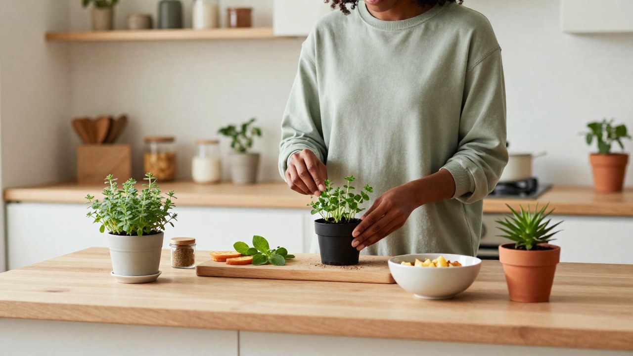 Persona preparando un desayuno saludable o cuidando hierbas en una cocina minimalista y luminosa.
