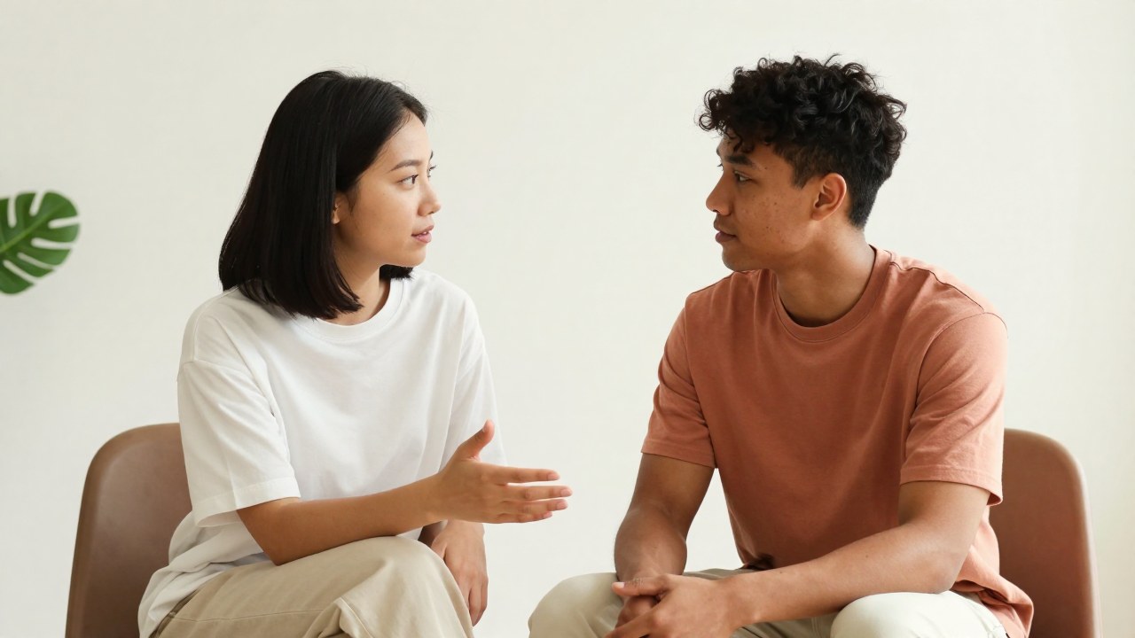 Dos personas de diferentes orígenes conversan sentadas en un espacio contemporáneo, una gesticulando mientras la otra escucha atentamente.