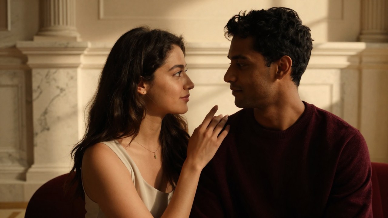 Pareja diversa en un entorno interior sofisticado, compartiendo un momento íntimo y reflexivo.