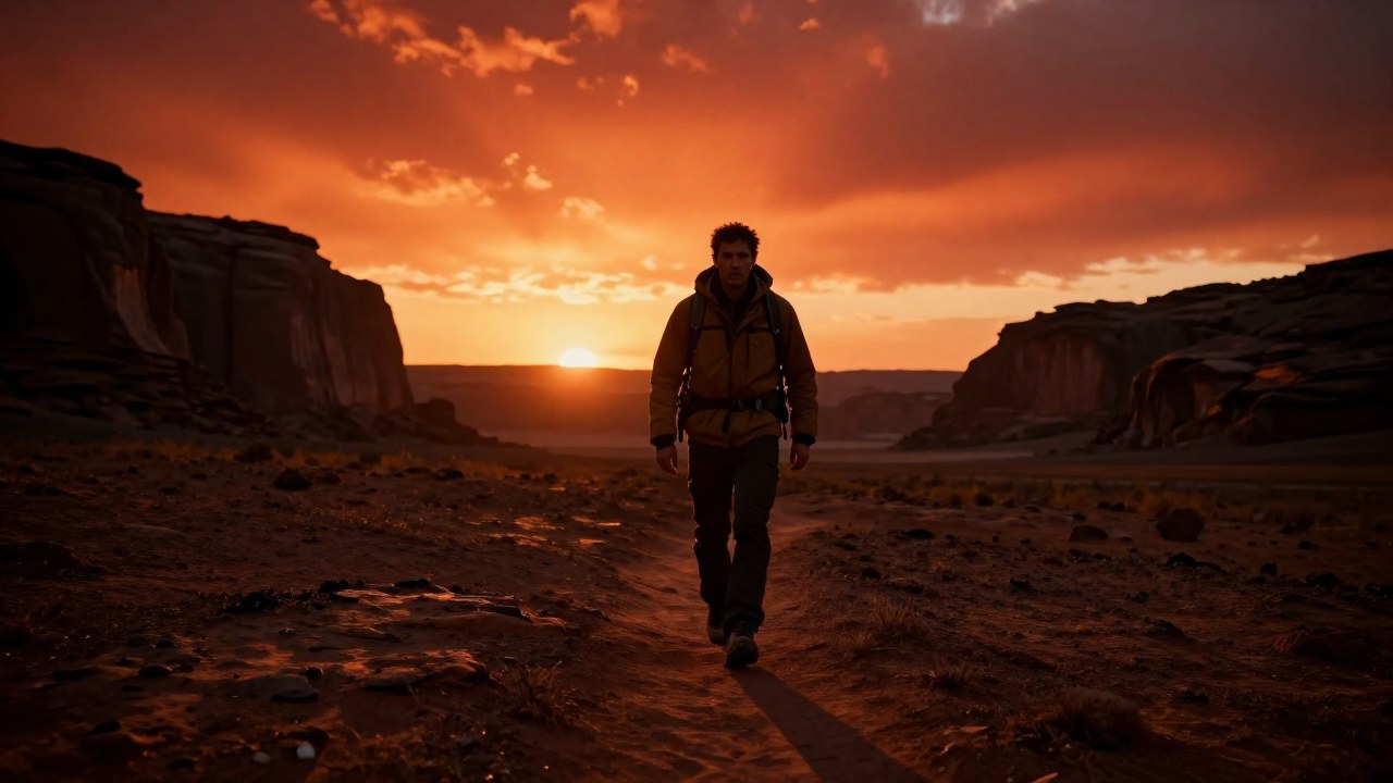 Un explorador solitario avanza hacia un vasto y rugoso paisaje montañoso.