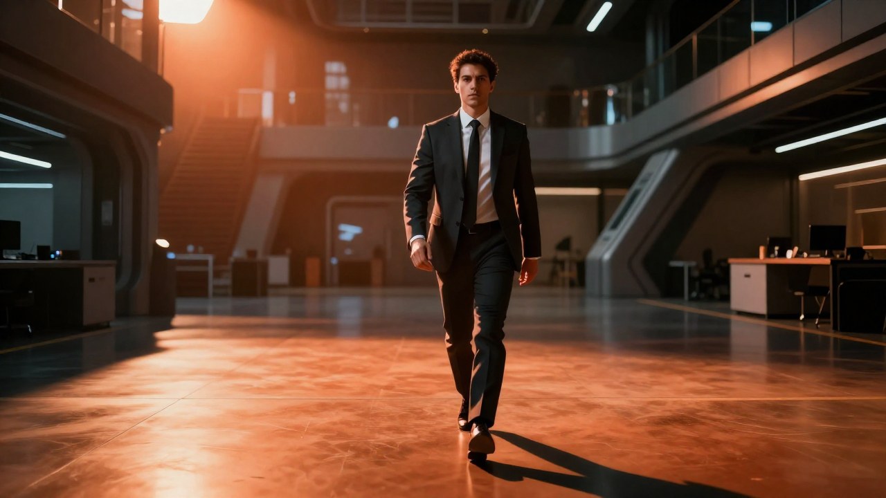 Individuo con traje moderno camina en un espacio de innovación con estructuras de acero y vidrio.