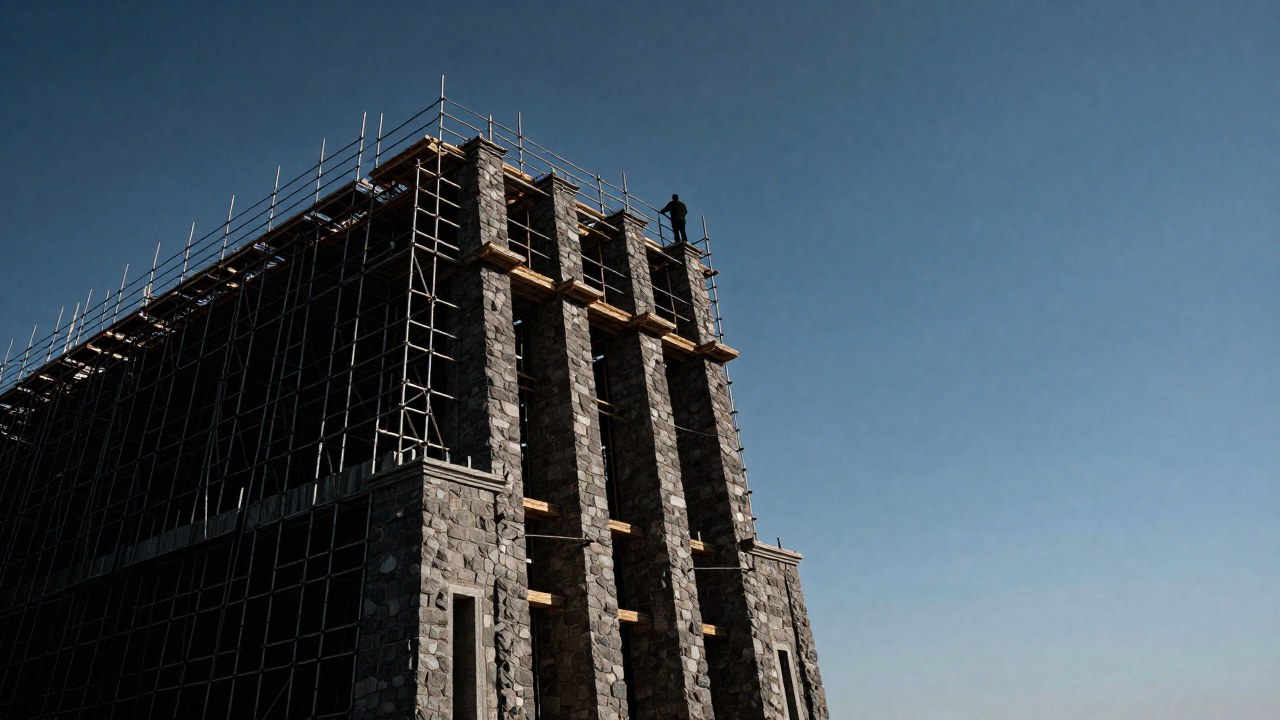 Figura solitaria en la cima de una estructura arquitectónica monumental y parcialmente construida.