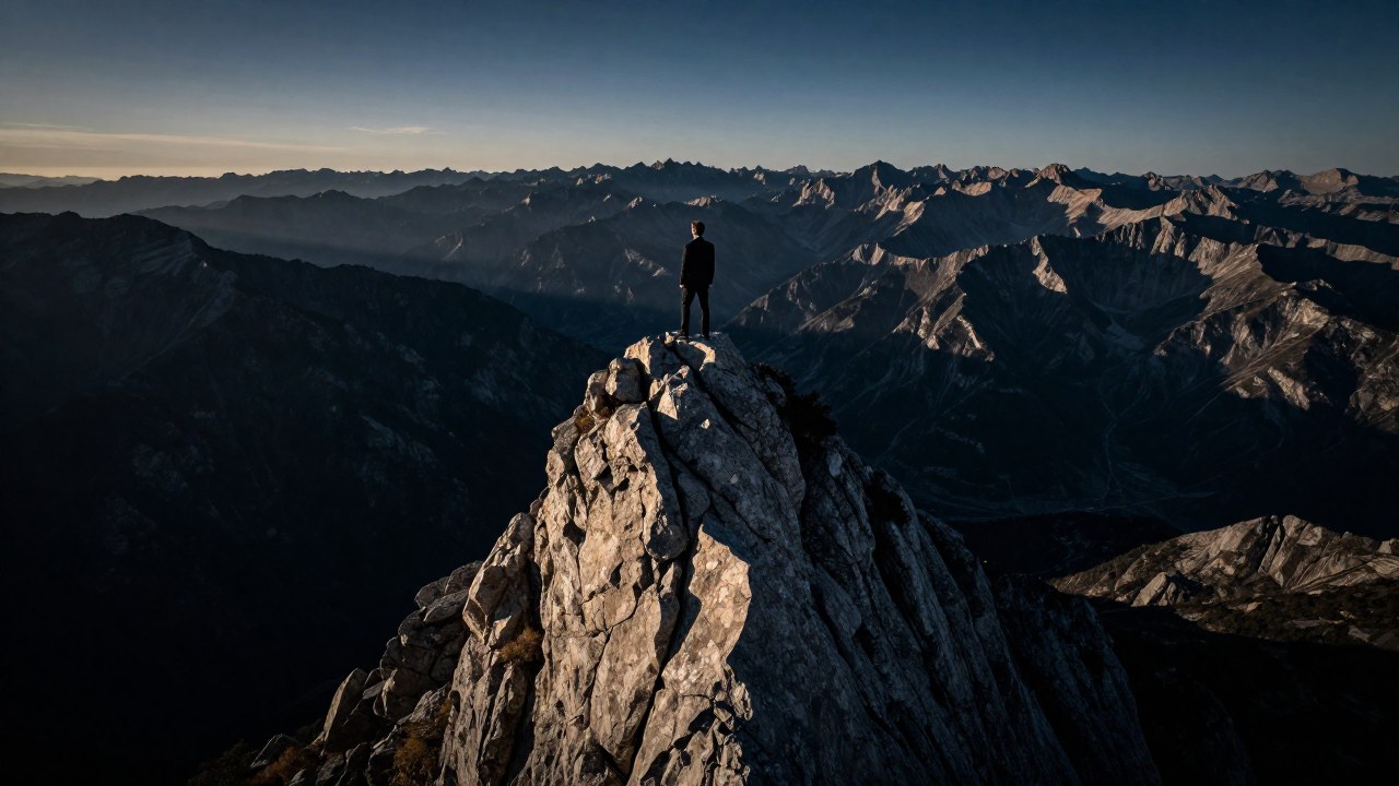 Un profesional en la cima de la montaña, contemplando la vasta extensión de los valles y el paisaje.