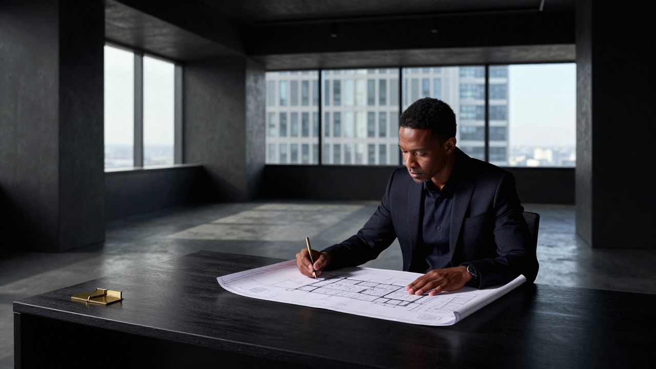 Profesional diverso revisando planos arquitectónicos o modelos financieros en una oficina moderna con vista a la ciudad.