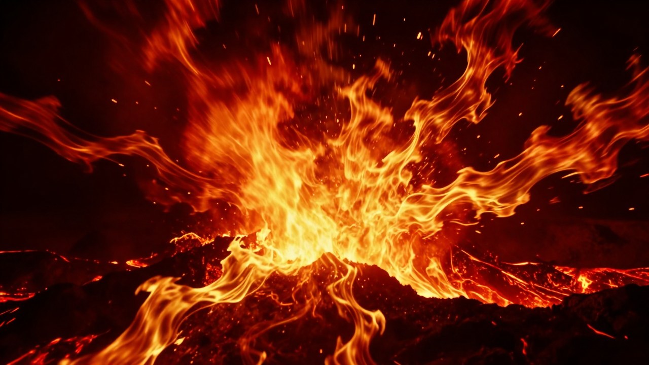 Flujos dinámicos de energía de fuego colisionando en un nexo central, simbolizando intensa tensión astrológica.
