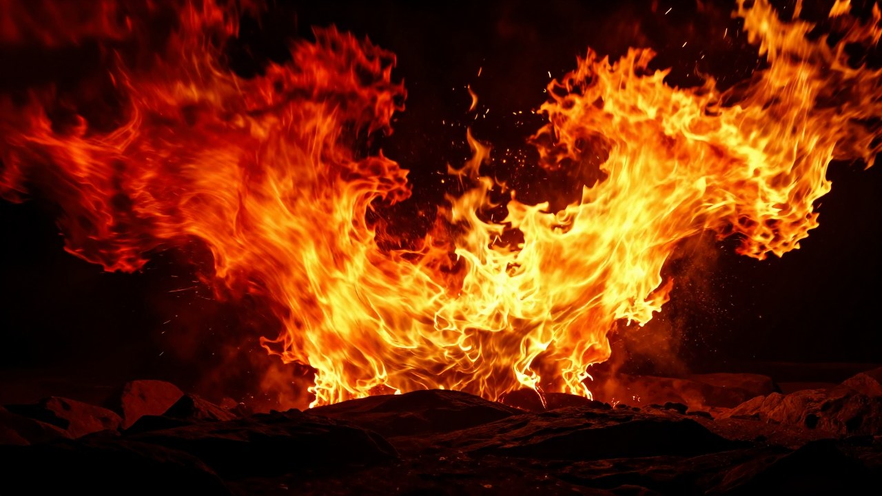 Dos streams abstractos de energía incandescente colisionan y se mantienen equilibrados sobre un fondo de roca oscura.