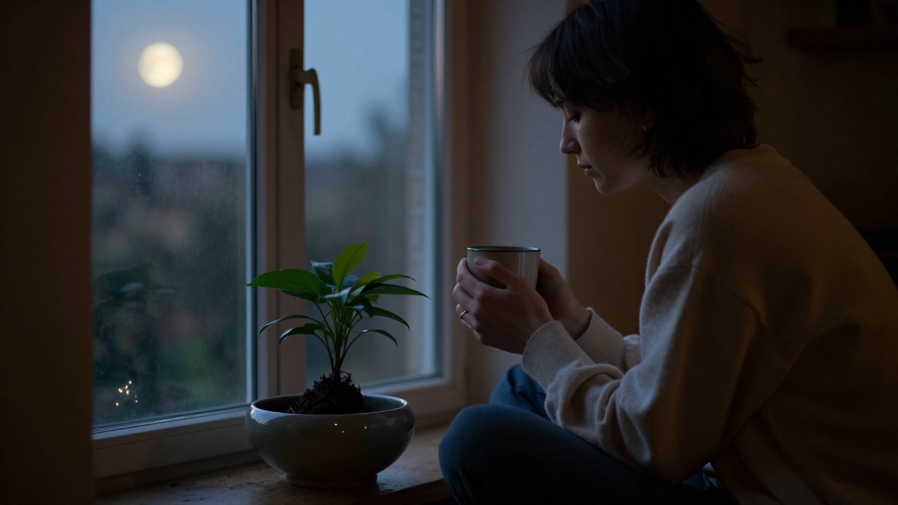 Una persona se sienta en un interior rústico al anochecer, sosteniendo una taza o atendiendo una planta junto a una ventana.