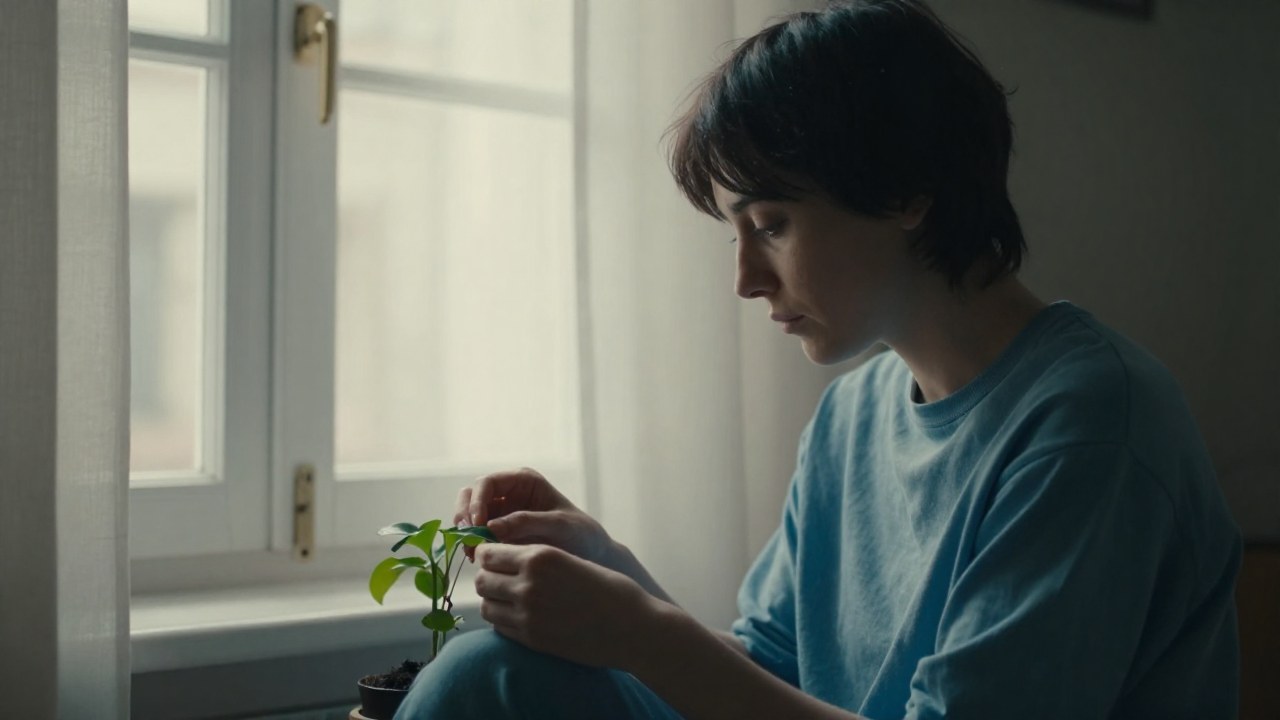 Figura solitaria que cuida una planta cerca de una ventana en un ambiente doméstico y acogedor.
