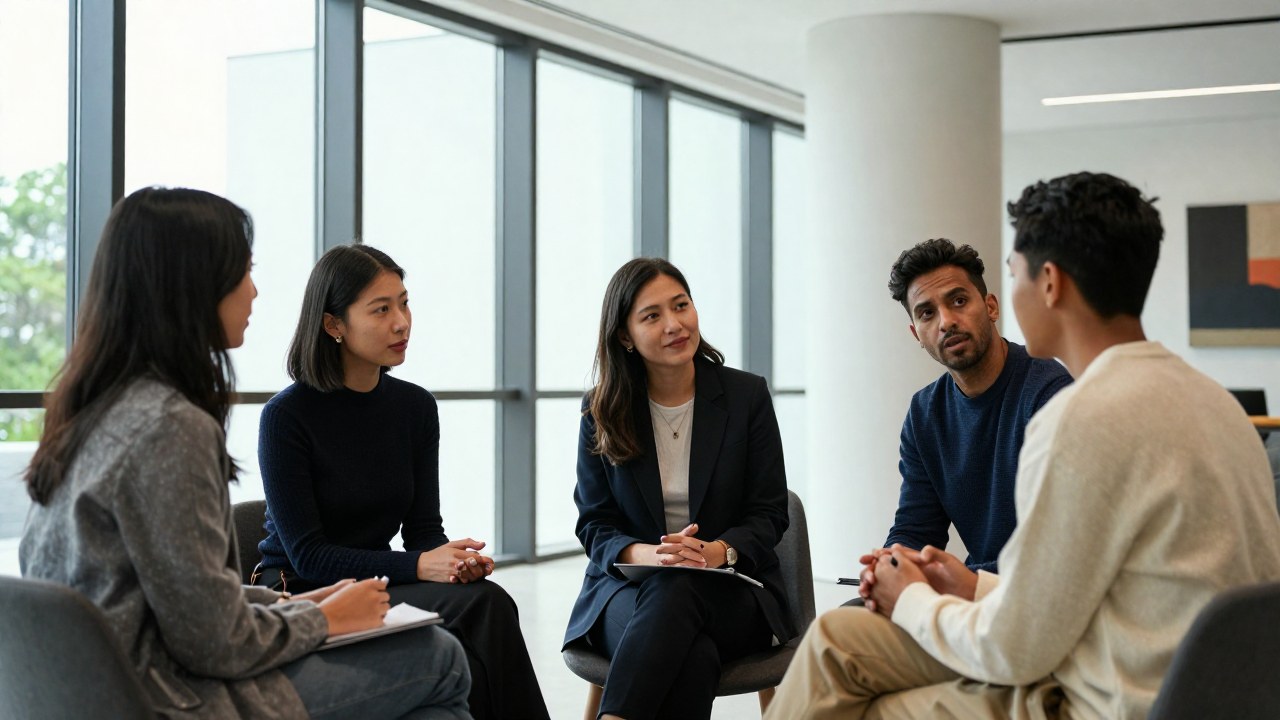 Grupo diverso de personas colaborando en un proyecto dentro de un espacio de trabajo moderno.