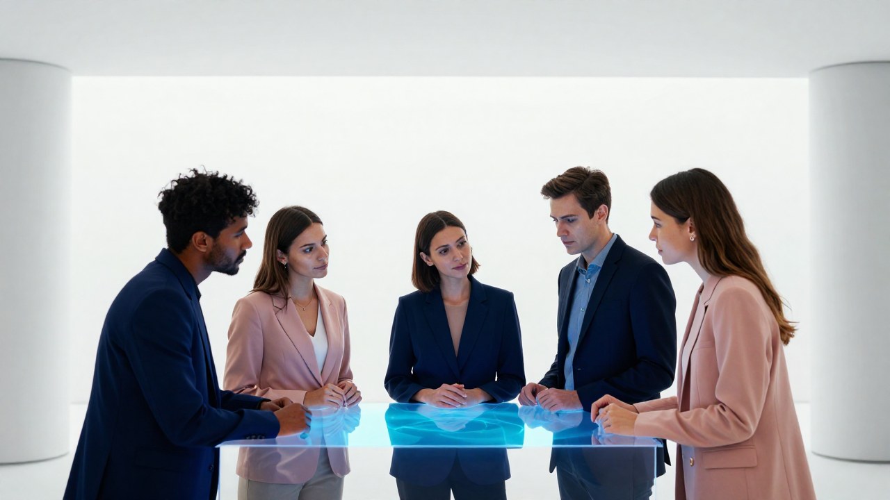 Grupo diverso colaborando en un espacio minimalista, interactuando con una pantalla digital o superficie.