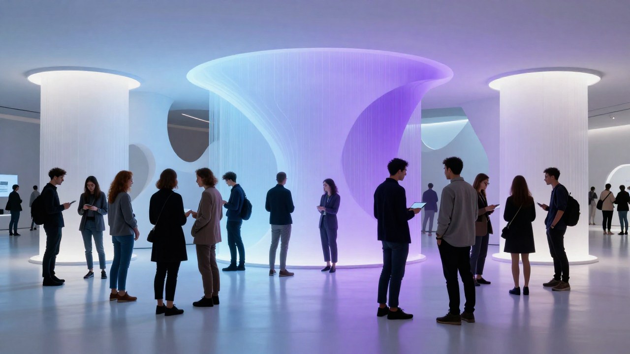 Un grupo diverso de personas colaborando en un espacio público de diseño minimalista y tecnología avanzada.