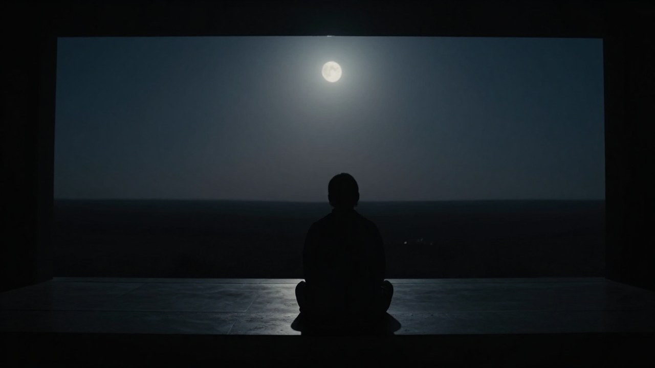 Figura solitaria sentada en un espacio nocturno, contemplando un vasto paisaje bajo la luna.