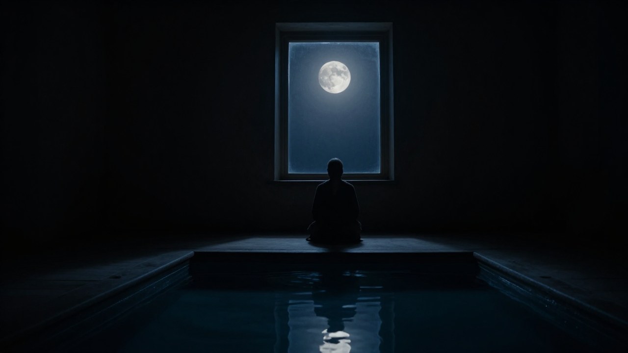Figura solitaria en contemplación en un interior oscuro, iluminada por la suave luz de la luna.