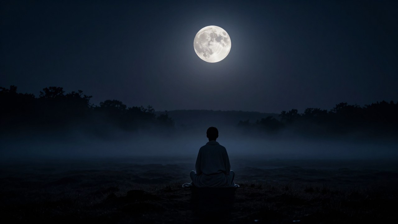 Figura contemplativa se sienta bajo la luna llena en un paisaje nocturno y brumoso.