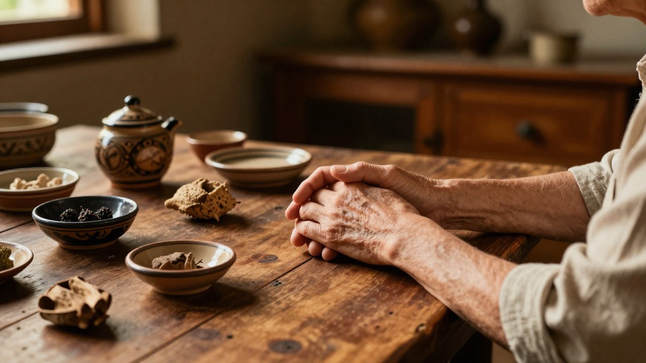 Manos de dos generaciones entrelazadas sobre una mesa rústica, rodeadas de objetos que sugieren historia familiar.