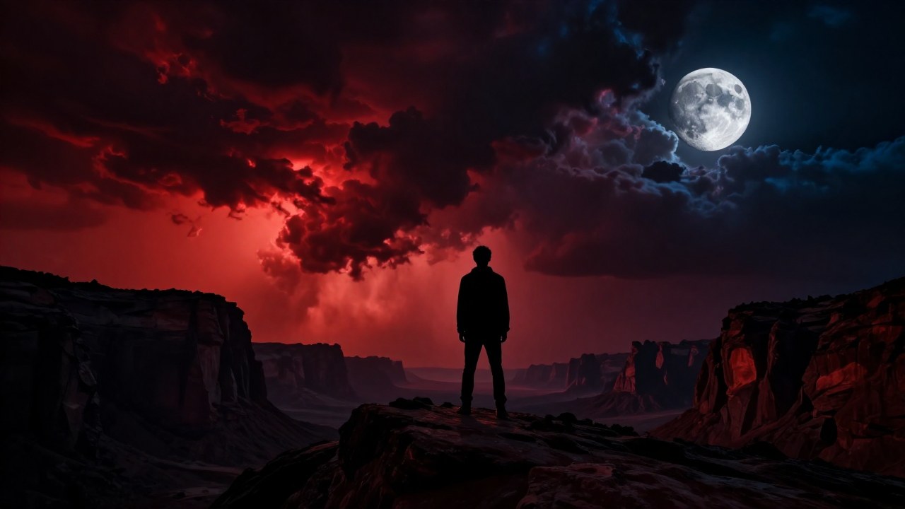 Persona solitaria de pie en un paisaje desolado y rocoso ante un dramático cielo de tormenta al atardecer.