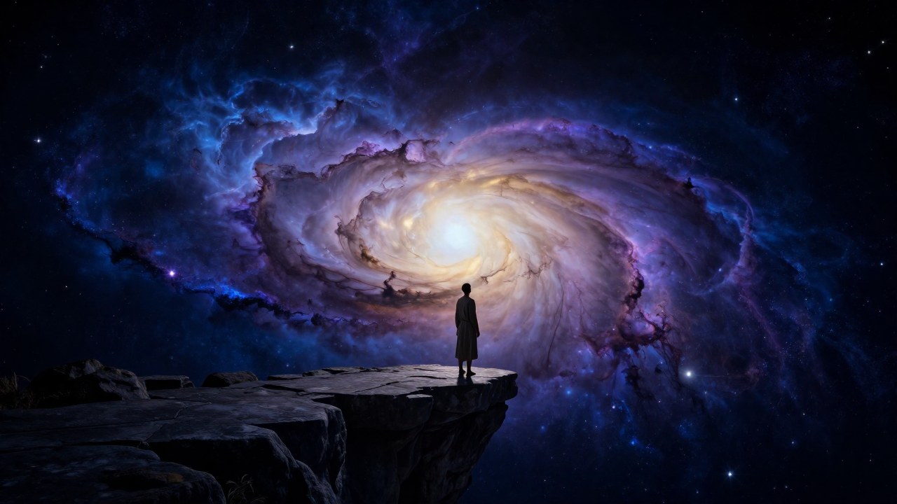 Figura solitaria en una plataforma de piedra contemplando la inmensidad de una nebulosa cósmica.