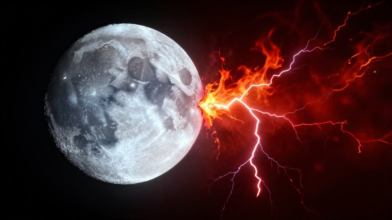 El contraste dramático entre un sereno orbe lunar plateado y una explosión de energía roja y naranja.