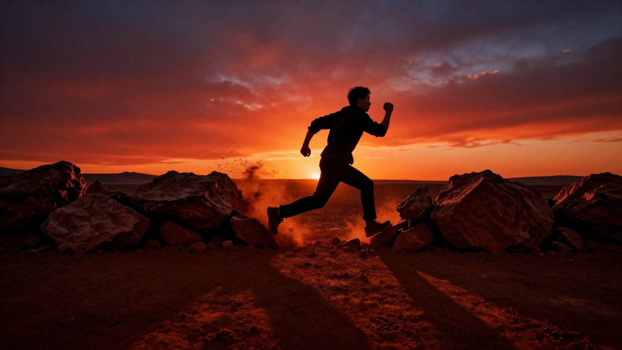 Figura solitaria irrumpe con fuerza a través de barreras rocosas en un paisaje rojizo al atardecer.
