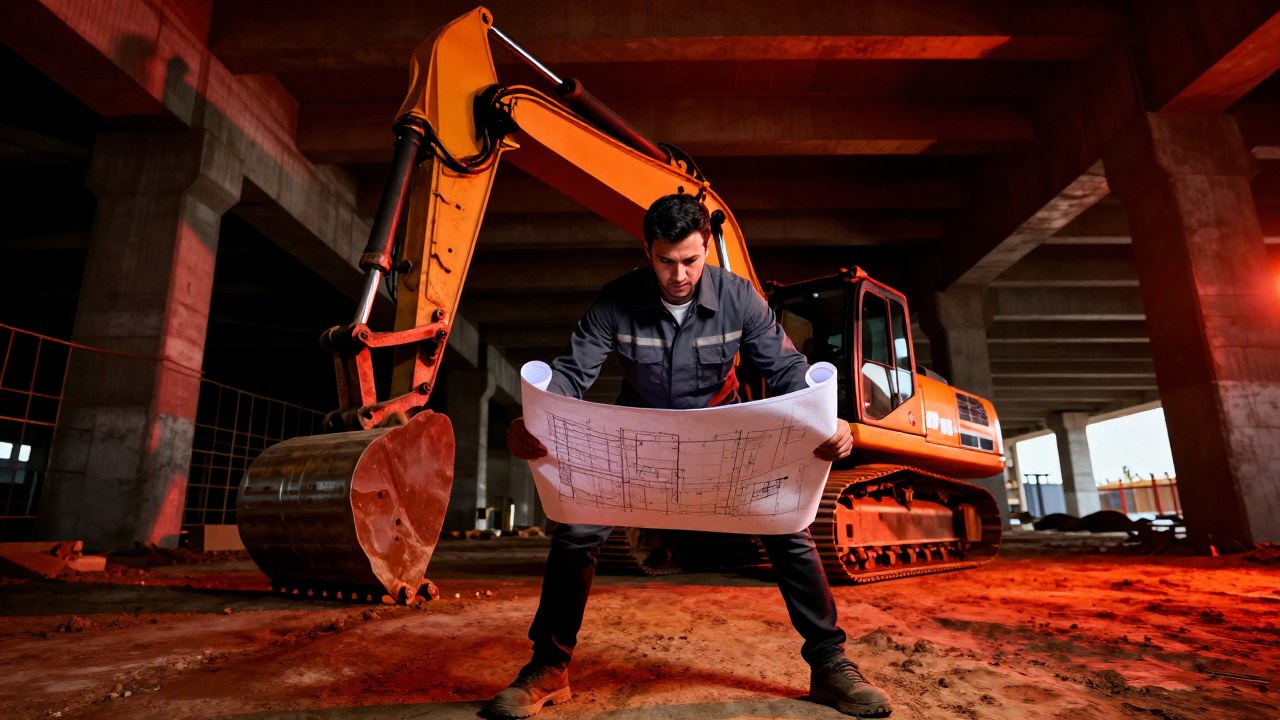 Individuo enfocado dirige maquinaria pesada en un entorno de construcción industrial.