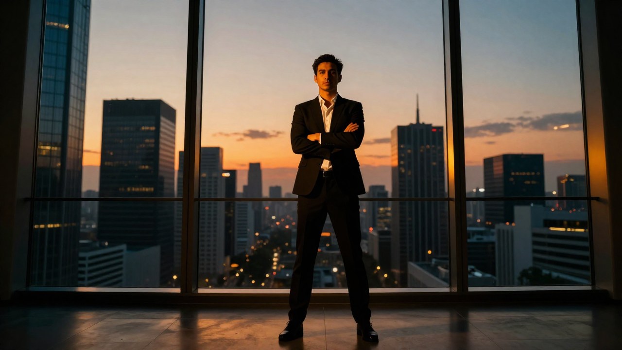 Profesional en una oficina ejecutiva con vista panorámica a una ciudad al caer la tarde.