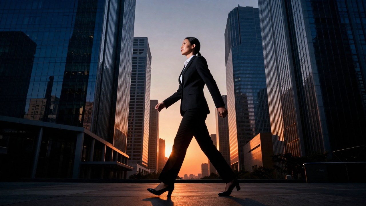 Figura profesional caminando con determinación por un moderno paisaje urbano de rascacielos.