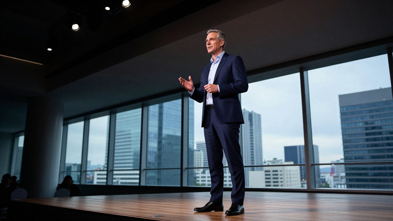 Ejecutivo de negocios en un escenario moderno dando una presentación con vistas a una vibrante ciudad urbana.