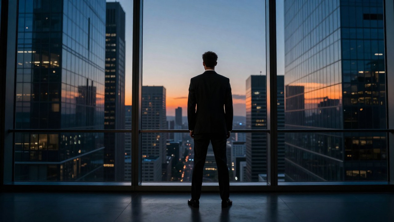 Profesional de negocios en oficina moderna con vista a la ciudad, mirando el atardecer con intensidad.