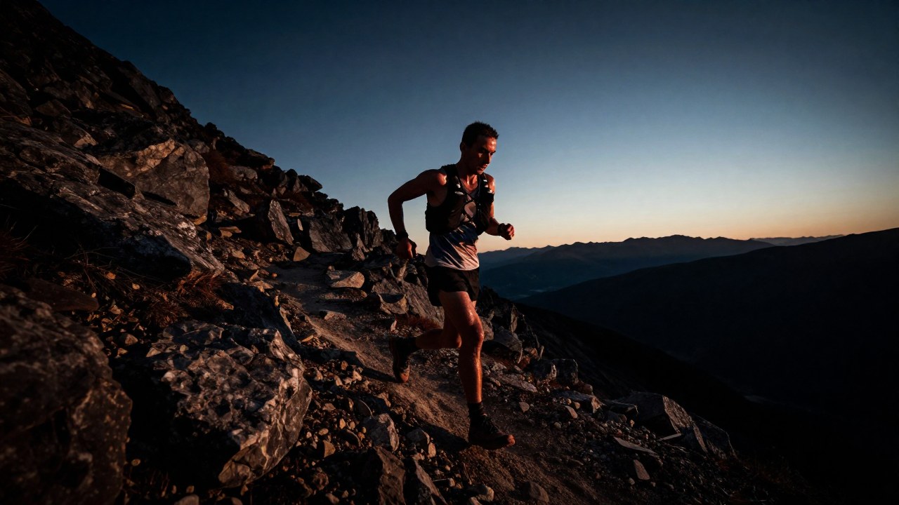 Atleta ascendiendo un sendero montañoso y accidentado al amanecer.