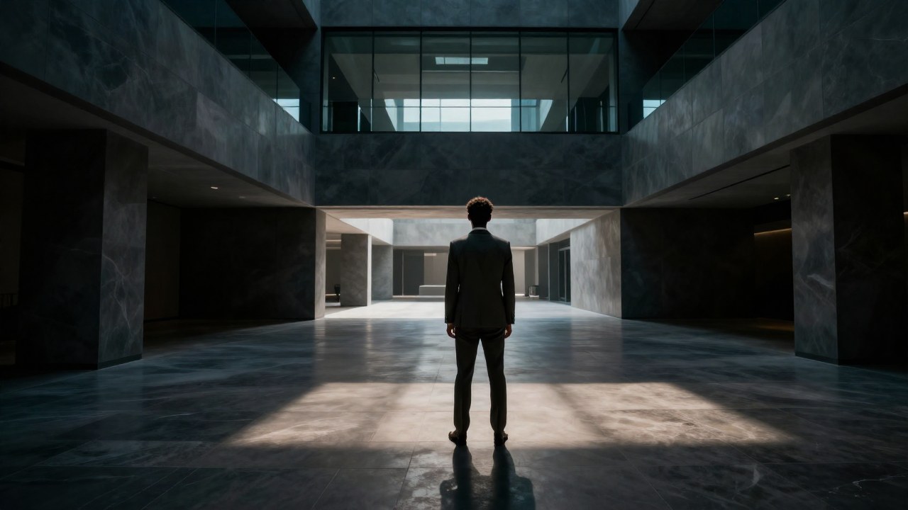 Profesional en traje de pie en un monumental espacio de arquitectura minimalista, observando una estructura distante.