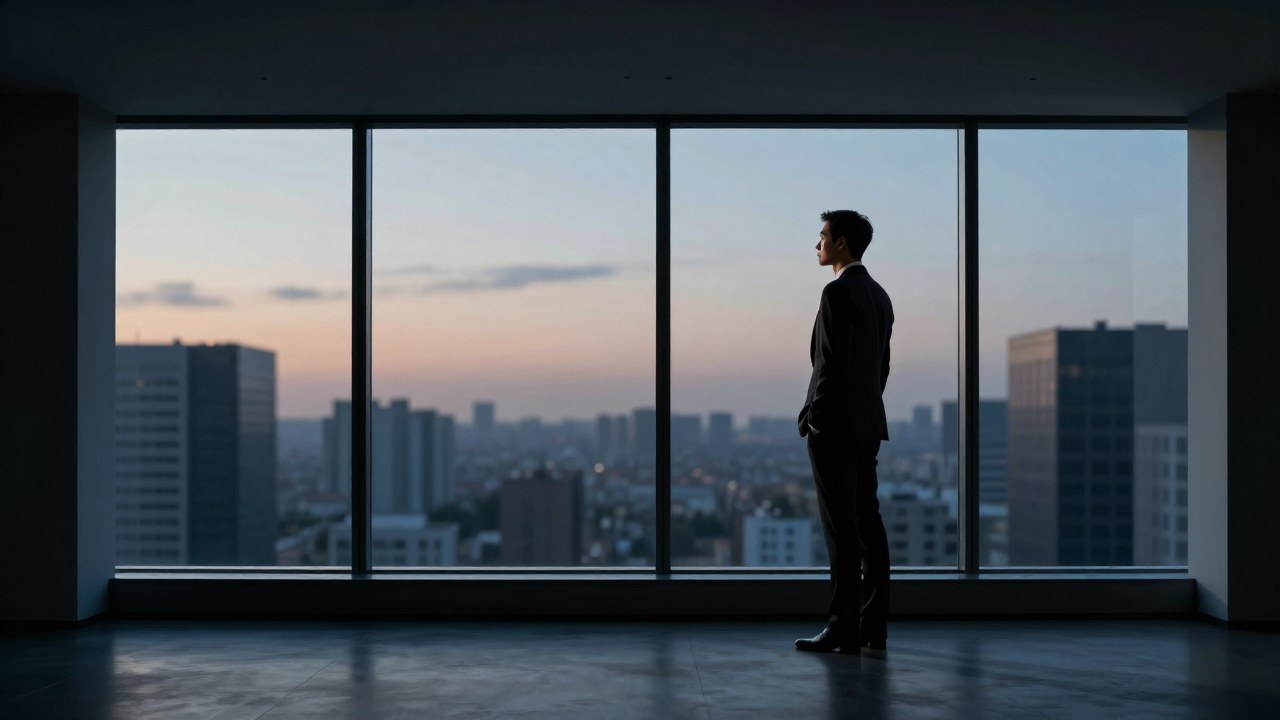 Una figura profesional mira la ciudad al anochecer desde un amplio espacio de oficina moderno.