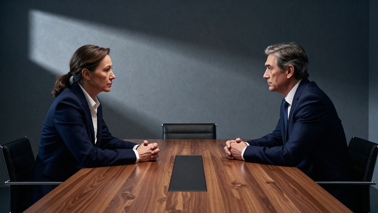 Dos profesionales en una reunión formal discuten un acuerdo importante con gran seriedad.
